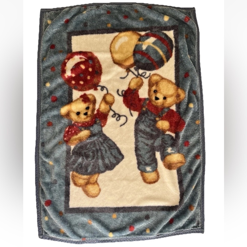 Blue Jean Teddy Bear Plush Fleece Baby Blanket Balloons Boy Girl Vintage - flaws
